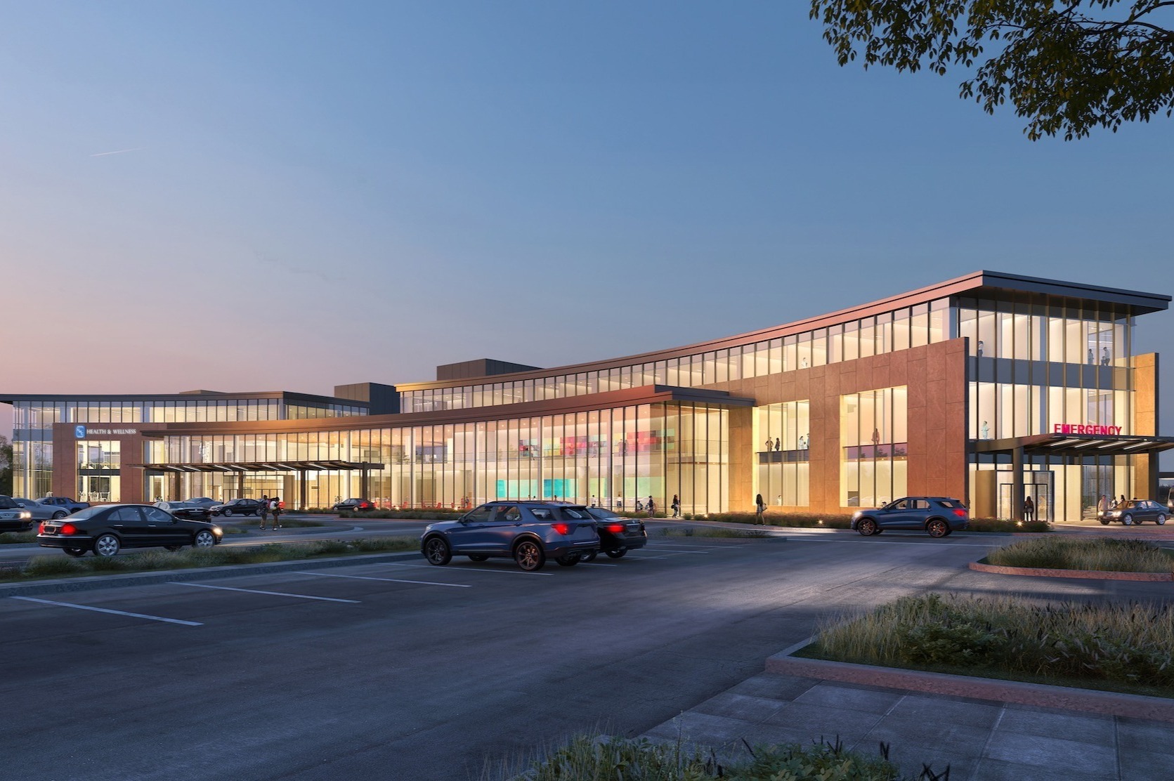 exterior rendering from the Southwest side of the health and wellness clinic with the emergency entrance on the south side of the building